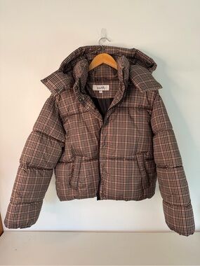 Women’s Plaid Cropped Puffer Jacket Brown Check High Collar Winter Coat